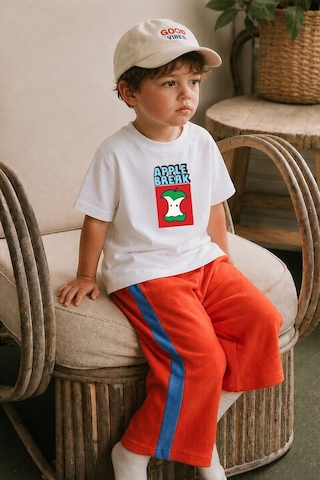 Monila Erkek Çocuk Pamuklu Bisiklet Yaka Elma Baskılı T-shirt Ekru