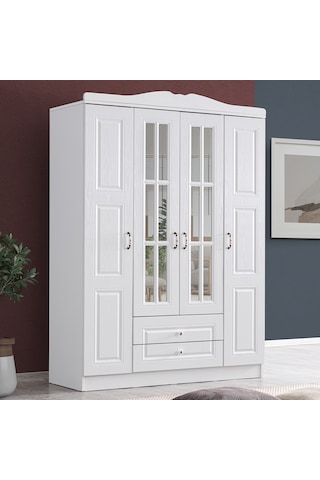 setaymobilya Gardırop, Country West 4 Kapaklı Çekmeceli Aynalı Mdf Dolap Beyaz