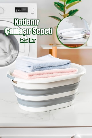 Porsima 1065 25 Lt Akordiyon Sepet Katlanabilir Çamaşır Sepeti Beyaz - Gri