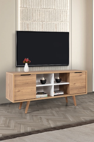 3321 Sina 130 Cm Ahşap Ayaklı , Metal Kulplu Tv Ünitesi , Sepet - Beyaz , Tv Sehpası , Salon Diğer