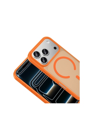 Vendas Apple iPhone Uyumlu  17 Pro Kılıf M-safe Şarj Özellikli Zore Babet Kapak + Kamera Lens Koruyucu Turuncu