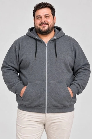 Zennamoda Erkek Battal Büyük Beden Üç İplik İçi Şardonlu Kapüşonlu Tam Fermuarlı Kışlık Sweatshirt - Füme