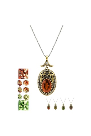 Lale Motifli Oval Zirkon Taşlı Renk Seçenekli Otantik Ayarlanabilir Gümüş Kolye Gümüş