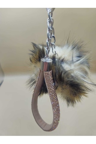 Camel Taşlı Tilki Tüyü Leopar Desenli Angel Anahtarlık