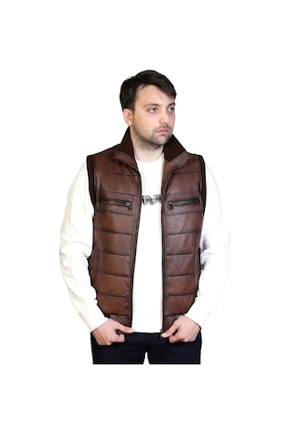 Asyaclub Max Hakiki Deri Erkek Taba Trikolu Şişme Yelek Kahverengi