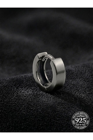 925 Ayar Gümüş Siyah Rodajlı Yuvarlak Erkek Huggie Halka Küpe - Tek 4x11mm