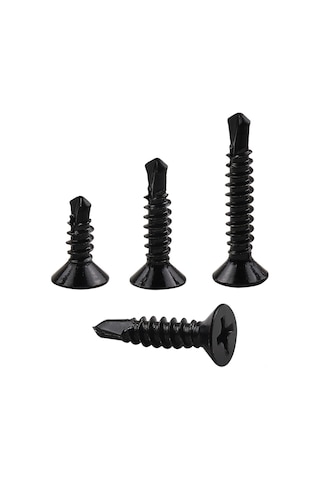 Moveevo 410 Paslanmaz Çelik Siyah Cruciform Yuvarlak Baş Otomatik Delici Vida, 1/2", 3/4", 1" Her Bir 50 Adet Toplam 150 Adet