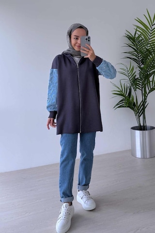 Ka Hijab Kolları Kot Detaylı Triko Hırka - Füme Füme