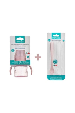 Mamajoo Antikolik Akıtmaz Alıştırma Bardağı 160 ml & İkili Ergonmik Beslenme Kaşığı - Powder Pink