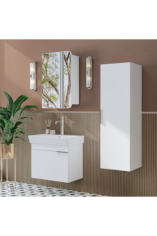 Likya Mdflam Kapaklı Lavabolu 60 Cm Banyo Alt Dolabı + Banyo Üst Dolabı + Banyo Boy Dolabı Beyaz