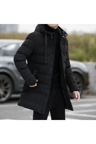 Orta Kalınlık Kışlık Rahat Ve Hafif Pamuklu Kapüşonlu Moda Erkek Mont Siyah