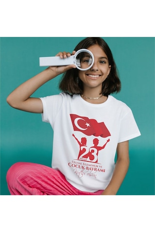 Alpşan Ticaret 23 Nisan Çocuk Bayramı Baskılı Çocuk Tişört 23 Nisan T-shirt 50 Beyaz