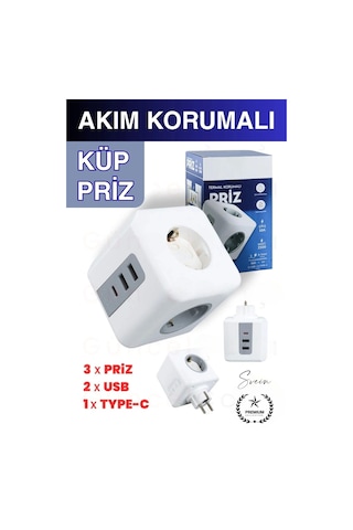 Premium 3'lü Duvar Çocuk Ve Akım Korumalı Isıya Dayanıklı Çoklu Küp Priz Usb Type-c Girişli Topraklı Diğer