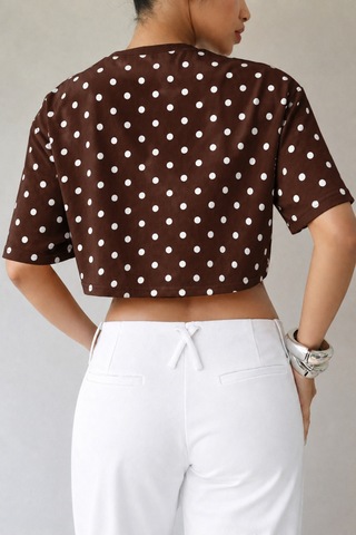 Hımmelduf Kadın Puantiye Desenli Crop Tişört Basic Oversize Yazlık Bluz Kahverengi