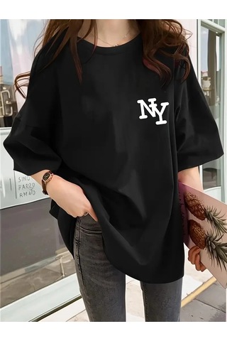 Primemagazam Kadın T-shirt Bisiklet Yaka Ny Baskılı Kısa Kol Tişört - Siyah Çeşitli