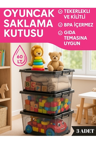 60 Lt Tekerlekli Saklama Kutusu 3'lü Set - Kilitli, Gıda Temasına Uygun, Şeffaf Depolama Kutusu Siyah