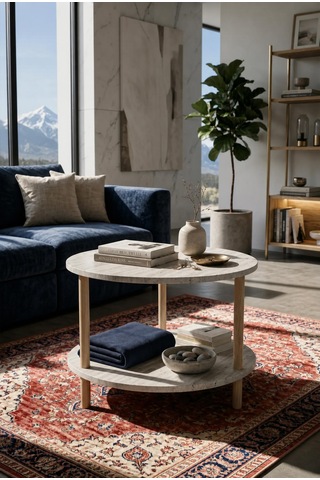 Oval Modern Kolay Kurulum İki Katlı Yuvarlak Orta Sehpa Raflı Şık Dayanıklı Traverten