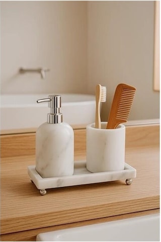 Akayev Mermer Beyaz 3 Parça Gümüş Ayak Banyo Seti Mutfak Sıvı Sabunluk Seti Beyaz