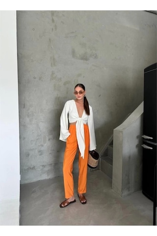 Defymoda Bel Lastik Detaylı Modal Kumaş Pantolon - Orange Orange