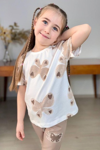 Riccotarz Kız Çocuk Simli Kelebek Baskı Bisiklet Yaka T-shirt Bej Eşofman Takım Beyaz