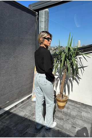 002317 Casual Düz Uzun Kollu Crop Poplin Kadın Gömlek -250 Siyah