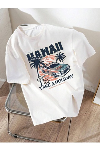 Flood Of Style Unisex Beyaz Hawaii Baskılı Oversize