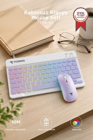 Özel Üretim Fare Işıklı Teknoloji Kablosuz Klavye Mouse Seti Tmk09 Mor