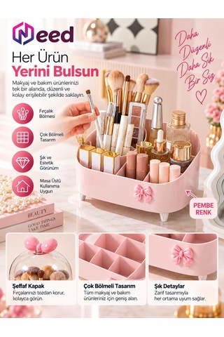 Need Şeffaf Kapaklı Toz Korumalı Fırçalık Bölmeli Makyaj Organizeri Kozmetik Düzenleyici Pembe Nd-8069-pnk