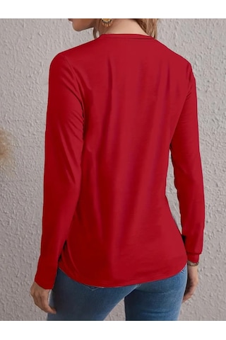 Pazarella Kadın Uzun Kollu Bisiklet Yaka Ay Baskılı Viskon Bluz Kırmızı