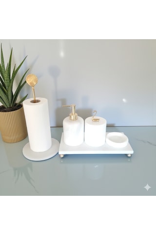 Doğal Beyaz Mermer Banyo Ve Lavabo Düzenleyici 5 Li Set Gold Aksesuarlı Beyaz