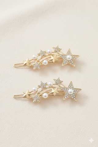 Yıldız Şekilli İnci Detaylı Metal Toka, Metal Klipsli Yıldız İnci Toka 2 Adet Altın