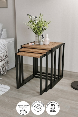 Bofigo 3'lü Metal Zigon Sehpa Zigon Sehpa Orta Sehpa Yan Sehpa çam