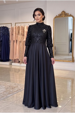 Dorne Moda Üstü Pul Paletli Altı Saten Kloş Detaylı Mezuniyet Ve Nişan Abiye Elbise Siyah Siyah