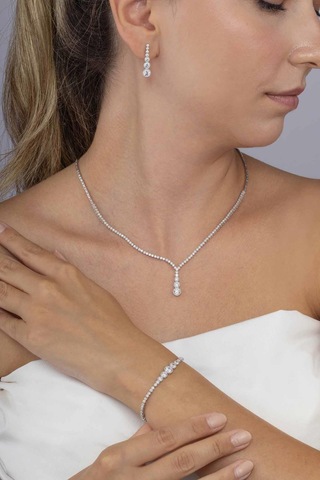 Gümüş Pazarım Pırlanta Montür Yuvarlak Kesim Su Yolu Gümüş Düğün Seti Gümüş