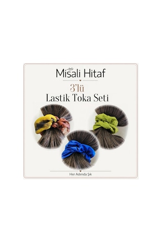 3'lü Lastik Toka Seti Kadın Saç Tokası Saç Lastiği Turuncu - Yeşil - Lacivert