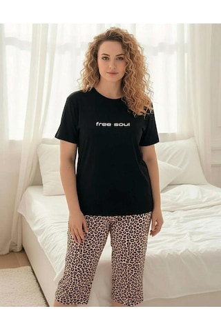 Mihra Kadın Milan Büyük Beden Bisiklet Yaka Kısa Kol Kapri Pijama Takımı 50503s - 1 Adet Siyah