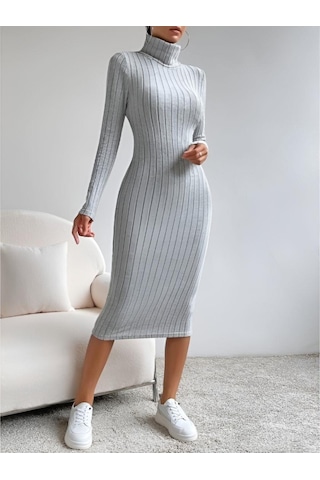 Kadın Balıkçı Yaka Uzun Kollu Kaşkorse Midi Elbise 001