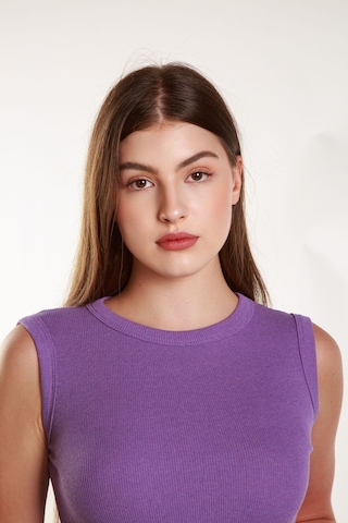 Kadın Lila Fitilli Likralı Sıfır Kol Bisiklet Yaka Örme Atlet Tshirt Bluz LILA