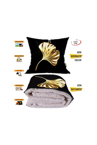 Gold Yaprak Desen Tv Battaniyeli Opsiyonel Dekoratif Yastık Kırlent 2 İn 1 Battaniye Çok Renkli