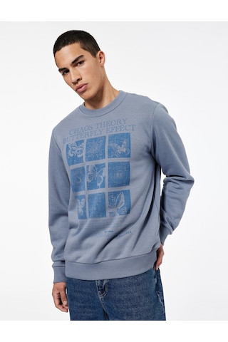 Koton Uzun Kollu Bisiklet Yaka Şardonlu Baskılı Sweatshirt Mavi 6wam70044mk Mavi