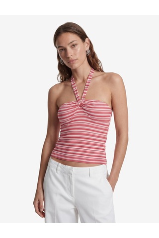 Koton Koton X Sibil Çetinkaya - Viskon Kumaş Slim Fit Çizgili Halter Yaka Top Kırmızı Çizgili 6sak10070uk