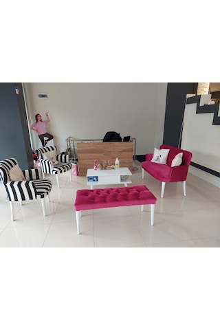 Kayser Home Çay Seti Koltuk Takımı - Oturma Grubu - Balkon - Ofis - Bahçe Mobilyası - Nubuk Kumaş - Benchli Fuşya - Zebra Karışık