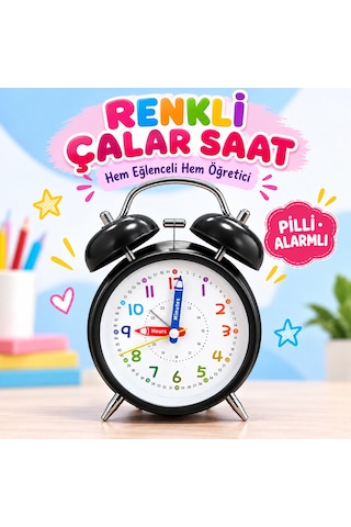 Eğitici Ve Eğlenceli Renkli Çalar Saat Pilli, Metal Gövdeli Çocuk Saati Siyah