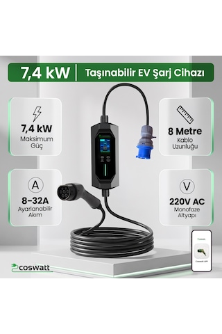 Coswatt Taşınabilir EV Şarj Cihazı CS-P1-32A / 7.4kW / 8m / Türkçe / 220V AC / Tip-2 / 3x32A CEE / Ev Tipi Dönüştürücü / Çanta
