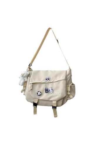 Mufunye Beyaz Nylon Tek Askılı Çanta - Geniş Hacimli Sırt Çantası, Çanta İşi Detaylı, Sokağa Yönelik Stil, Zip Açılışlı Öğrenci Çantası Beyaz