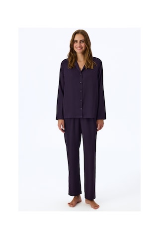 Penti Mor Midnight Saten Çizgili Uzun Kollu Gömlek Pantolon Pijama Takımı Pr81