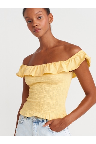 Dilvin 31902 Omuzları Açık Fırfırlı Top-sarı Sari
