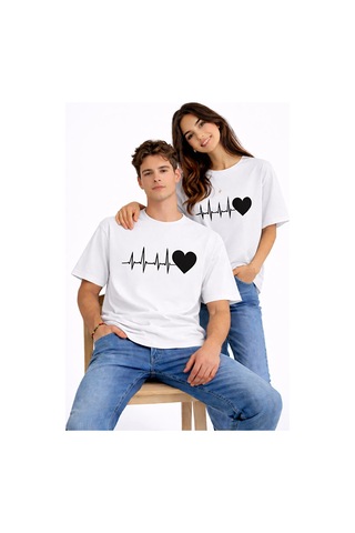 Sevgili Kombini Kalp Ritmi Baskılı Çift Tişört Oversize Unisex Partner Kombin Çift Seti Beyaz