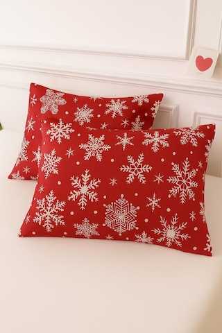 Lionas Desenli Pamuklu Yılbaşı Kar Desen Yastık Kılıfı 2 Adet 50 X 70 Cm Kırmızı
