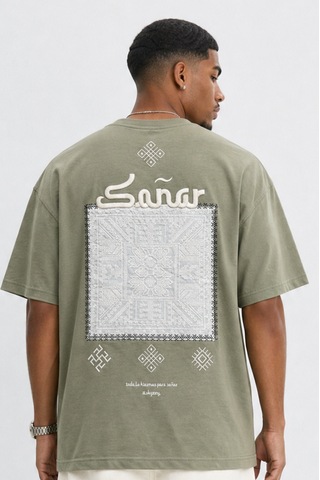 Respire Erkek Sonar Nakış Detaylı Oversize T-shirt Haki